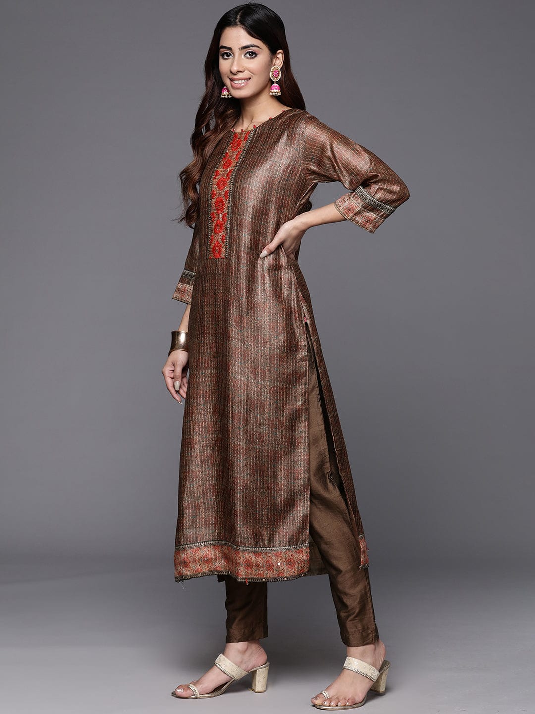 Varanga Women Round Neck Ethnic Printed Embroidered Kurta Paired With Solid Bottom And Embellished Dupatta