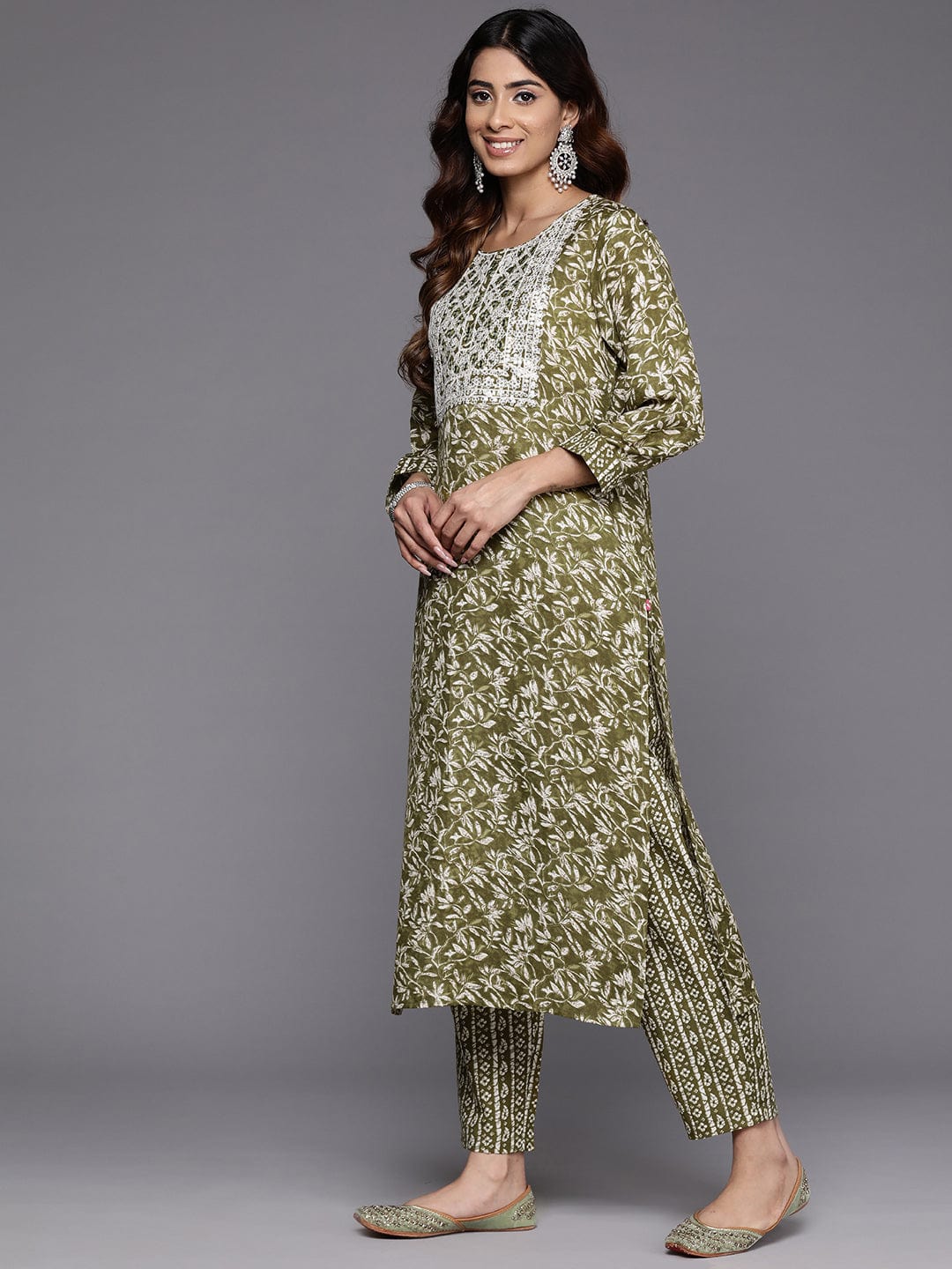 Varanga Women Floral Printed Mirror Embellished Straight Kurta Paired With Printed Bottom And Dupatta