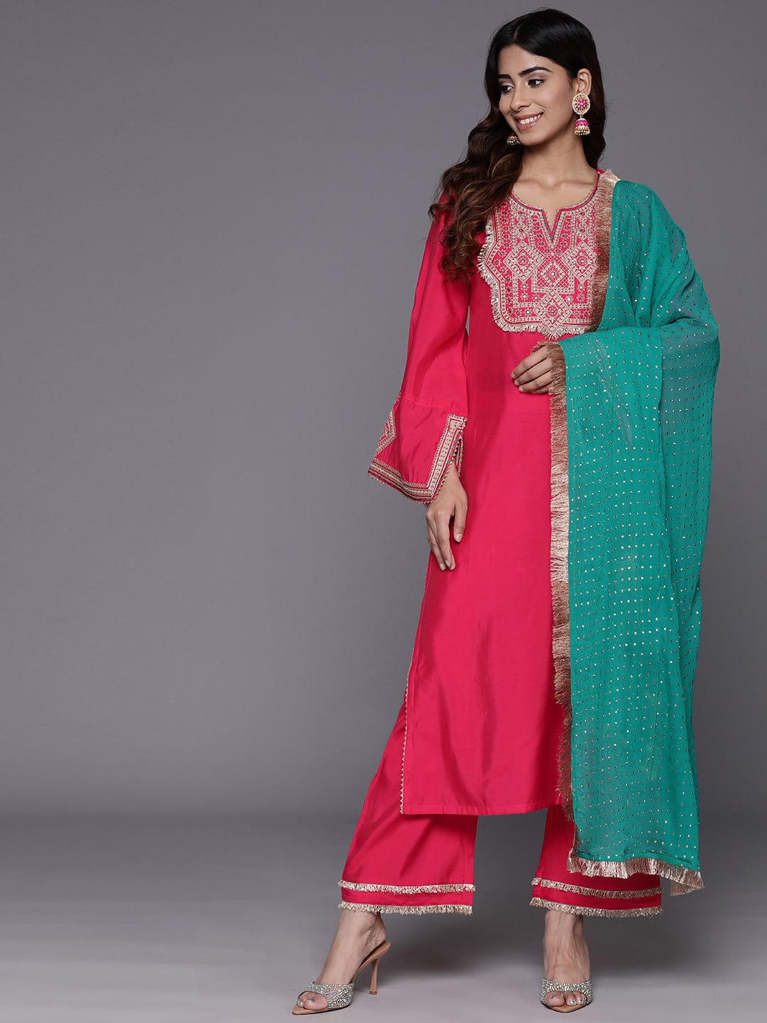 Varanga Women Fuchsia Pink Zari Embroidered Kurta With Bottom And Dupatta