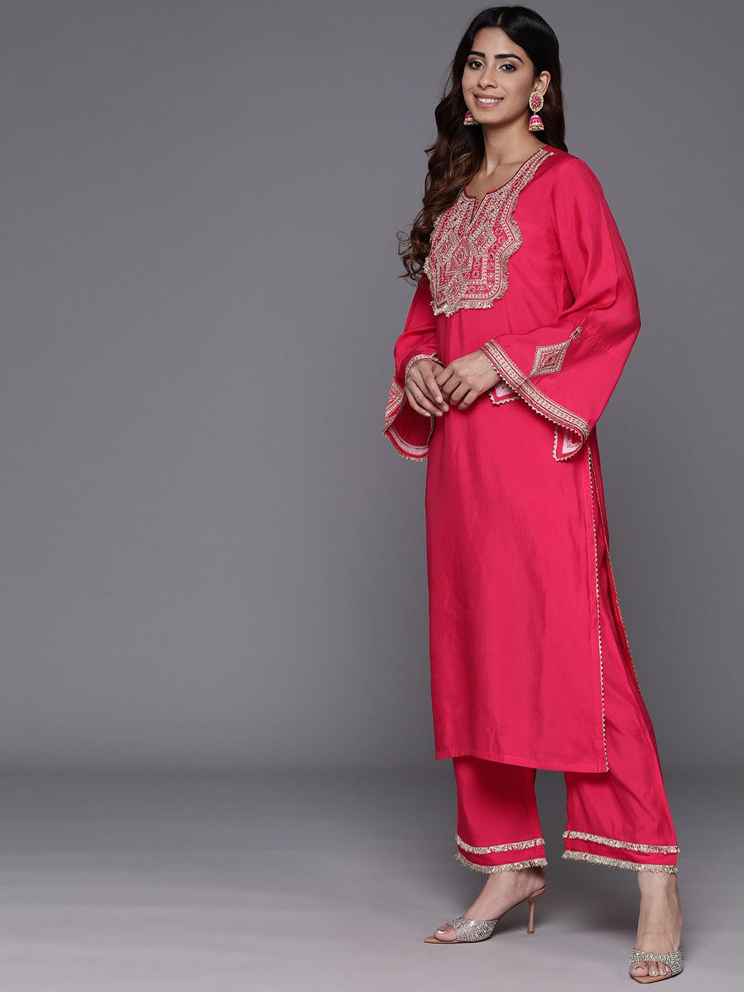 Varanga Women Fuchsia Pink Zari Embroidered Kurta With Bottom And Dupatta