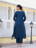 Varanga Women Navy Blue Embroidered Scallop Detail Kurta Paired With Bottom And Dupatta