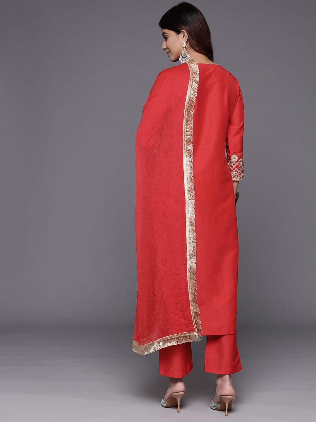 Varanga Women Red  Zari Embroidered Kurta With Bottom And Dupatta