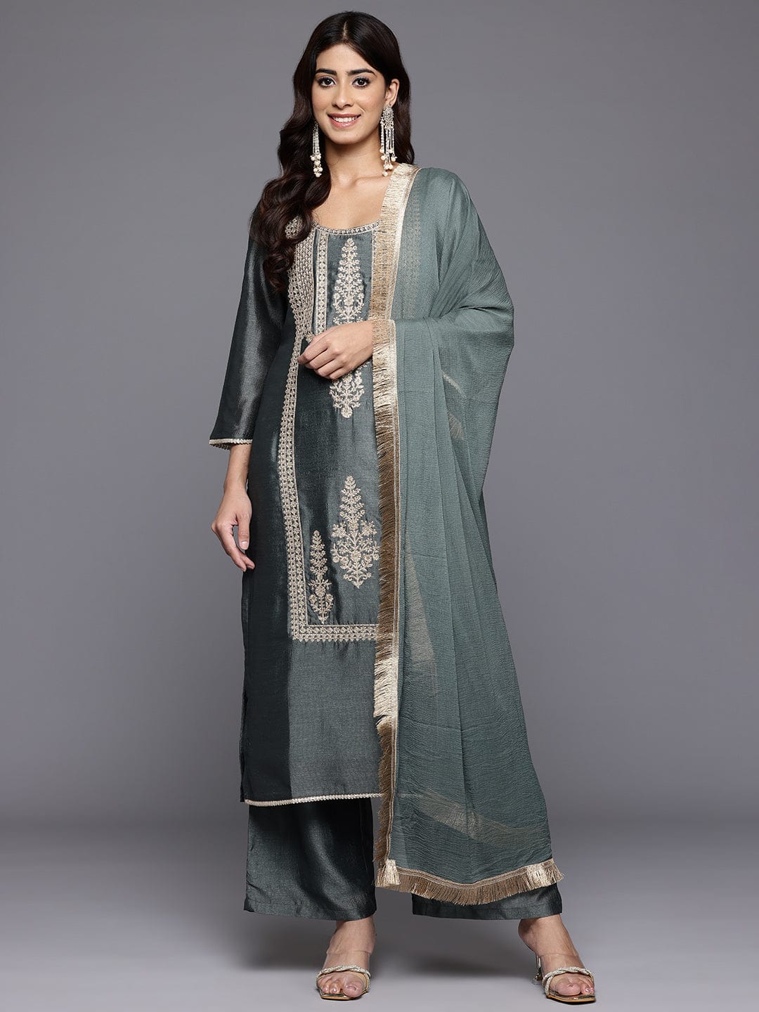 Varanga Women Mint Green Round Neck With Heavy Zari Embroidered Kurta With Bottom And Dupatta