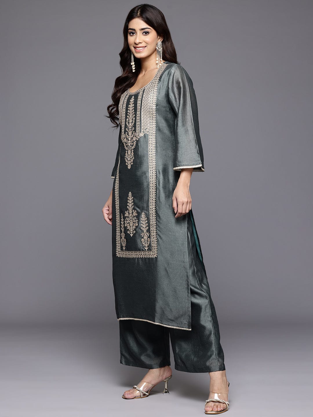 Varanga Women Mint Green Round Neck With Heavy Zari Embroidered Kurta With Bottom And Dupatta