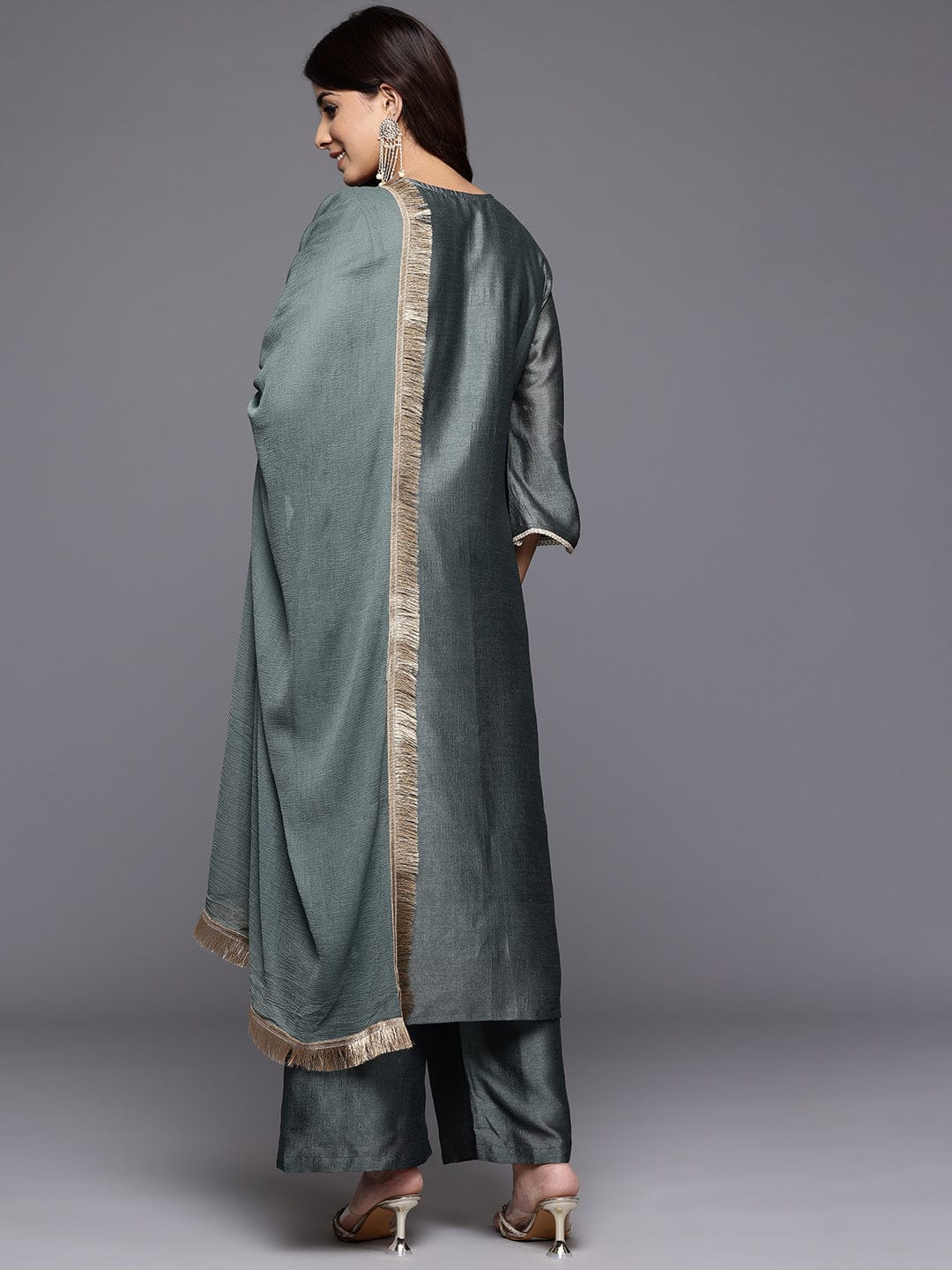 Varanga Women Mint Green Round Neck With Heavy Zari Embroidered Kurta With Bottom And Dupatta