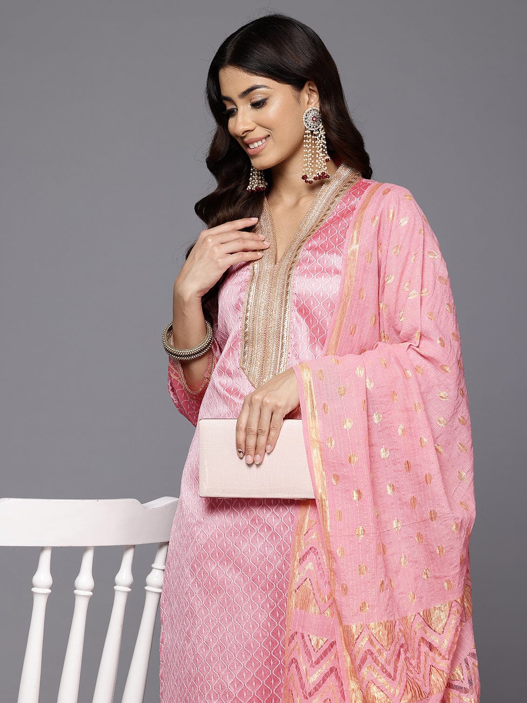 Varanga Women Pink Woven Jacquard Lace Embellished Kurta With Bottom And Dupatta