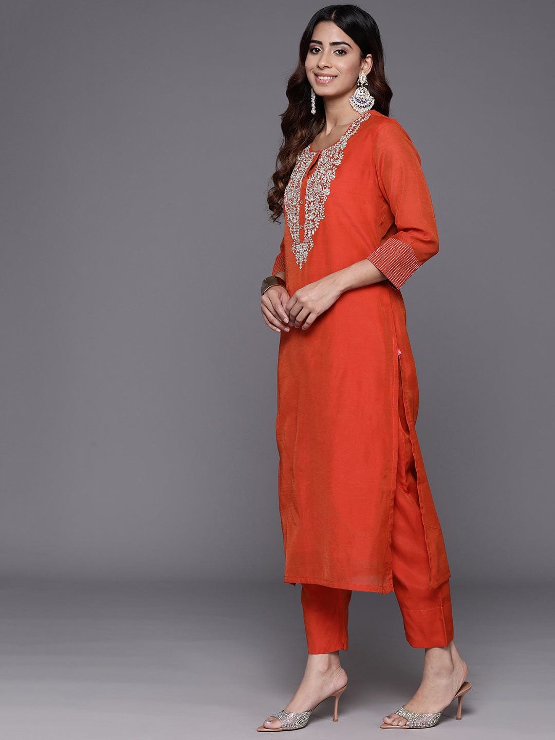 Varanga Women Orange Round Neck Embroidered Kurta With Tonal Bottom And  Dupatta