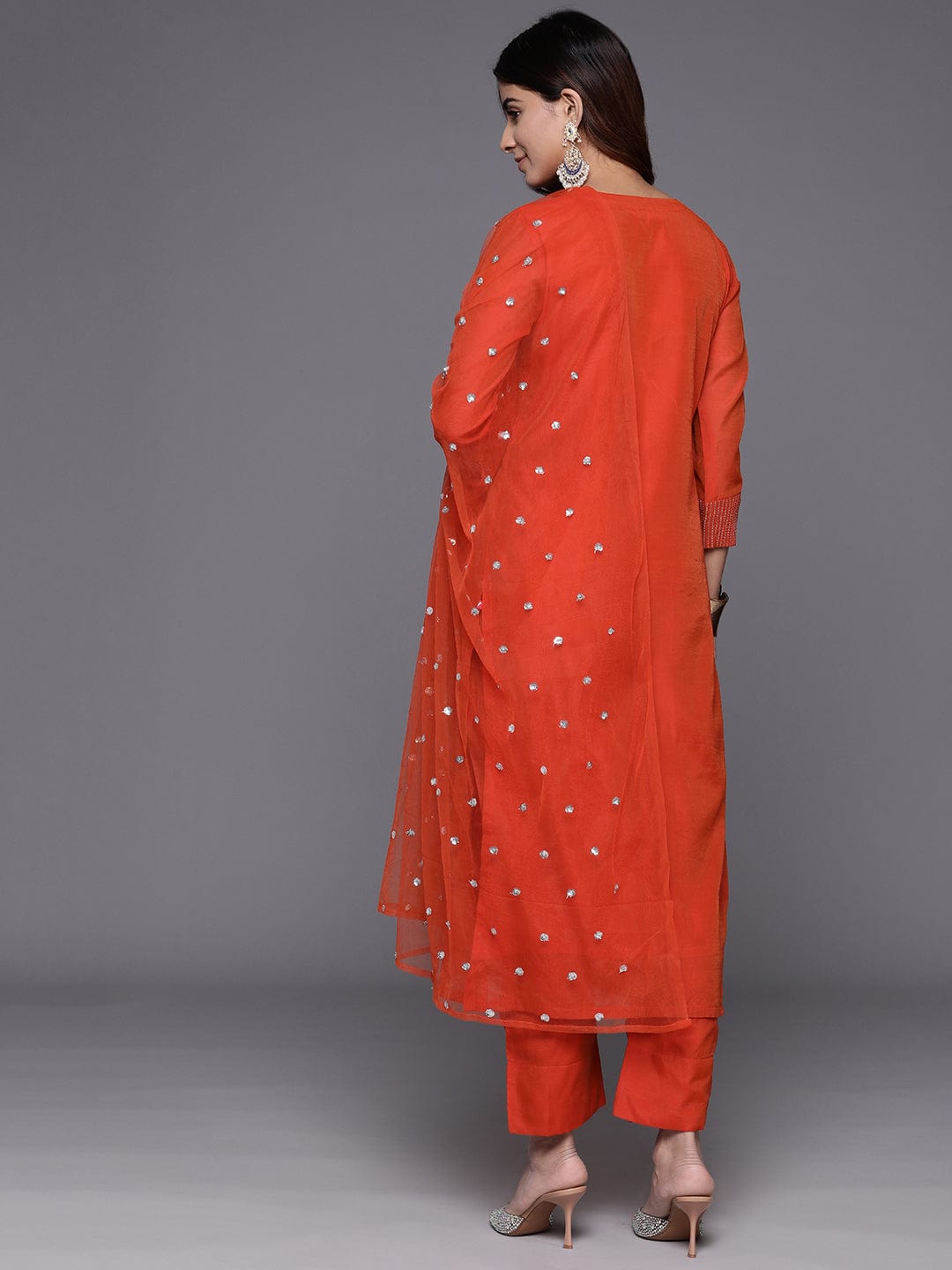 Varanga Women Orange Round Neck Embroidered Kurta With Tonal Bottom And  Dupatta