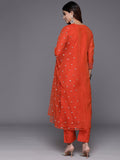 Varanga Women Orange Round Neck Embroidered Kurta With Tonal Bottom And  Dupatta