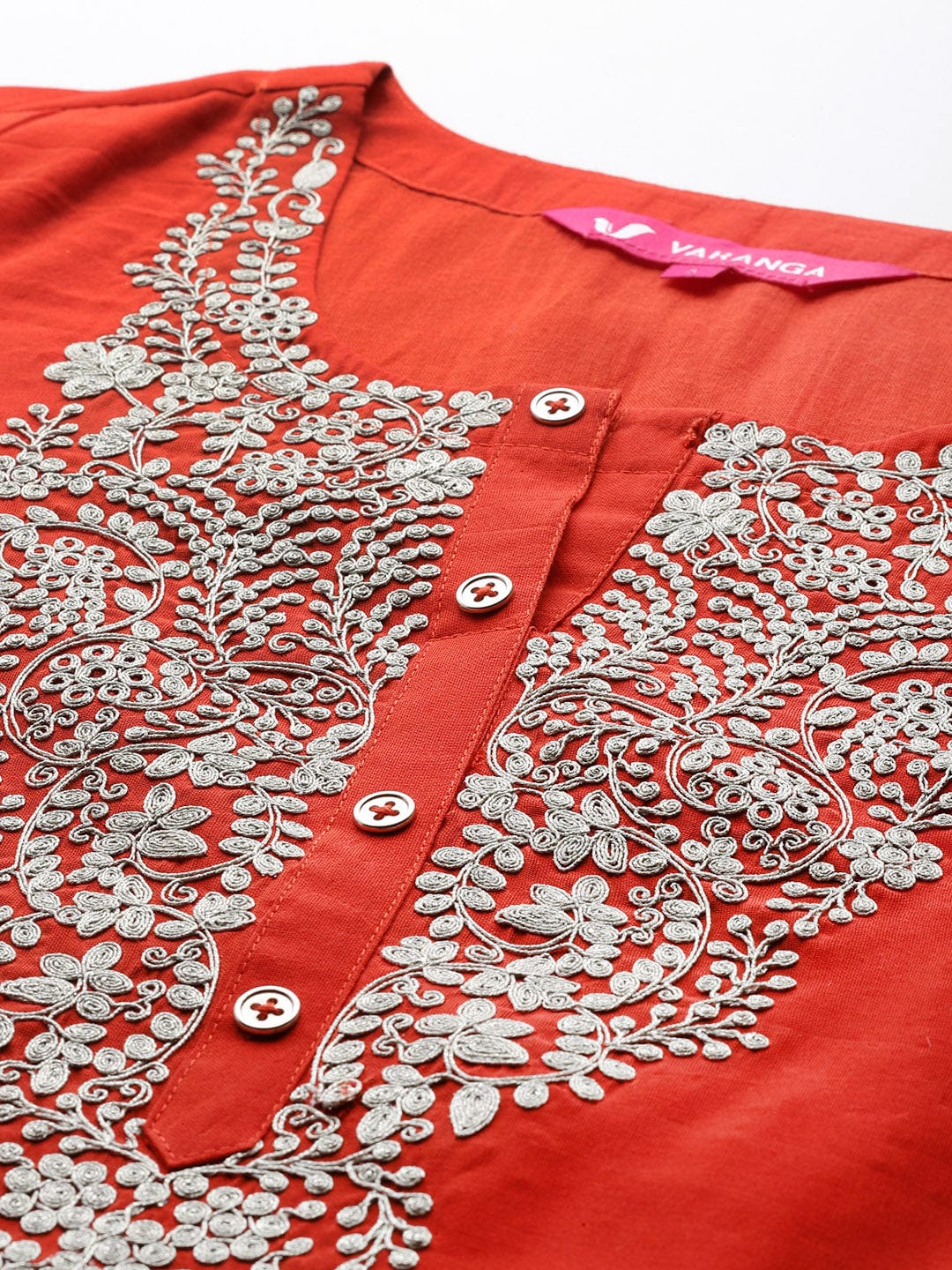 Varanga Women Orange Round Neck Embroidered Kurta With Tonal Bottom And  Dupatta