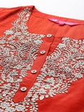 Varanga Women Orange Round Neck Embroidered Kurta With Tonal Bottom And  Dupatta