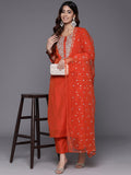Varanga Women Orange Round Neck Embroidered Kurta With Tonal Bottom And  Dupatta