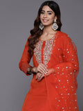 Varanga Women Orange Round Neck Embroidered Kurta With Tonal Bottom And  Dupatta