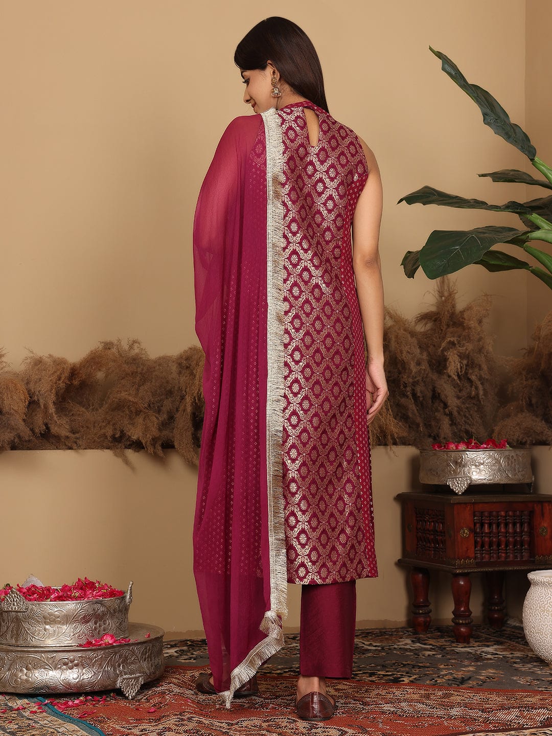 Varanga Women Purple Brocade Halter Neck Kurta With Bottom And Dupatta