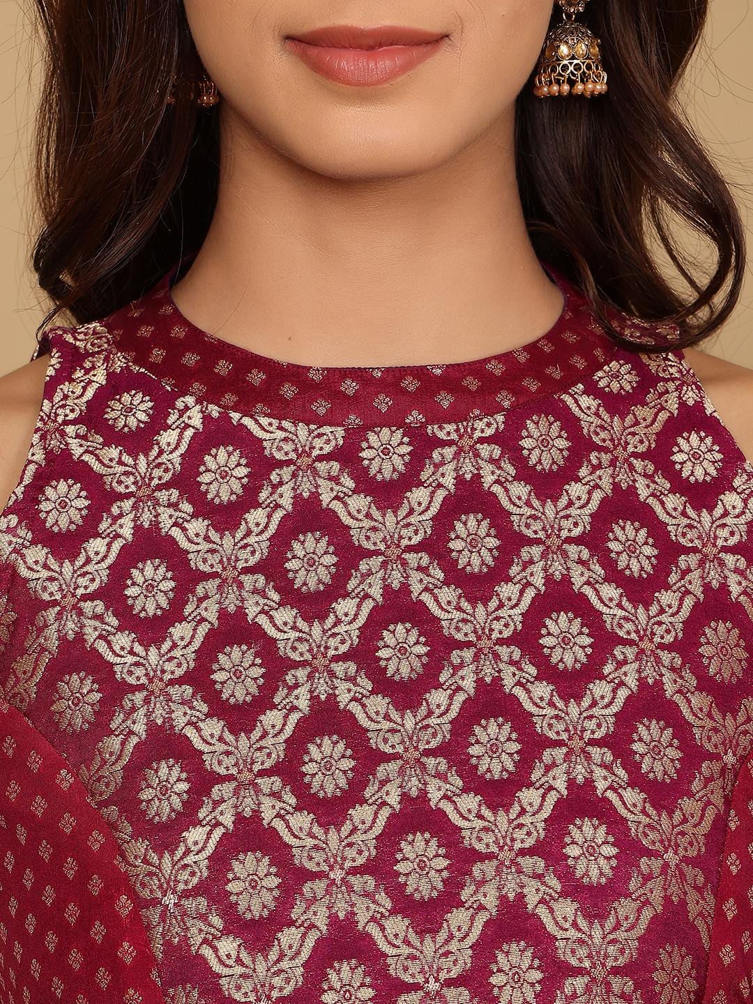 Varanga Women Purple Brocade Halter Neck Kurta With Bottom And Dupatta
