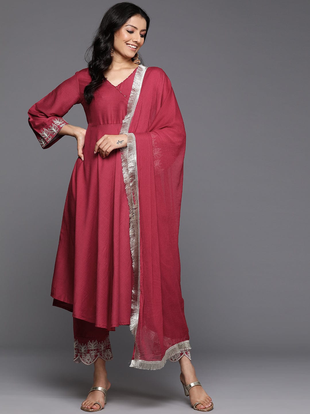 Varanga Women Maroon Angrakha Style Zari Embroidered Anarkali With Bottom & Dupatta
