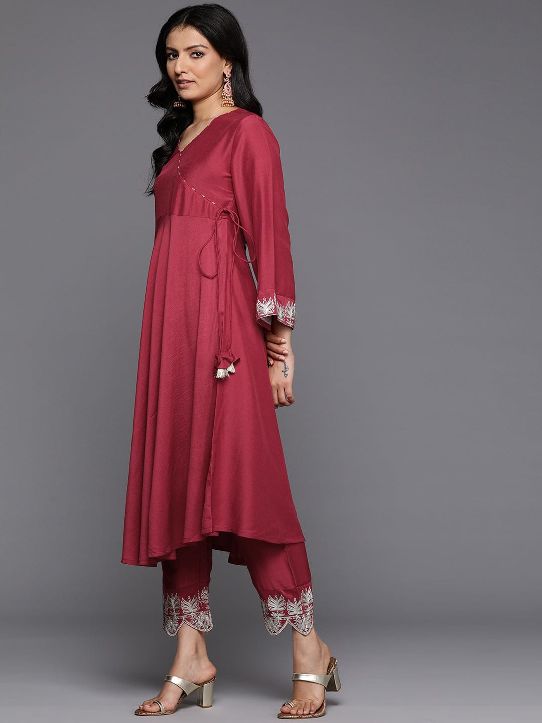 Varanga Women Maroon Angrakha Style Zari Embroidered Anarkali With Bottom & Dupatta