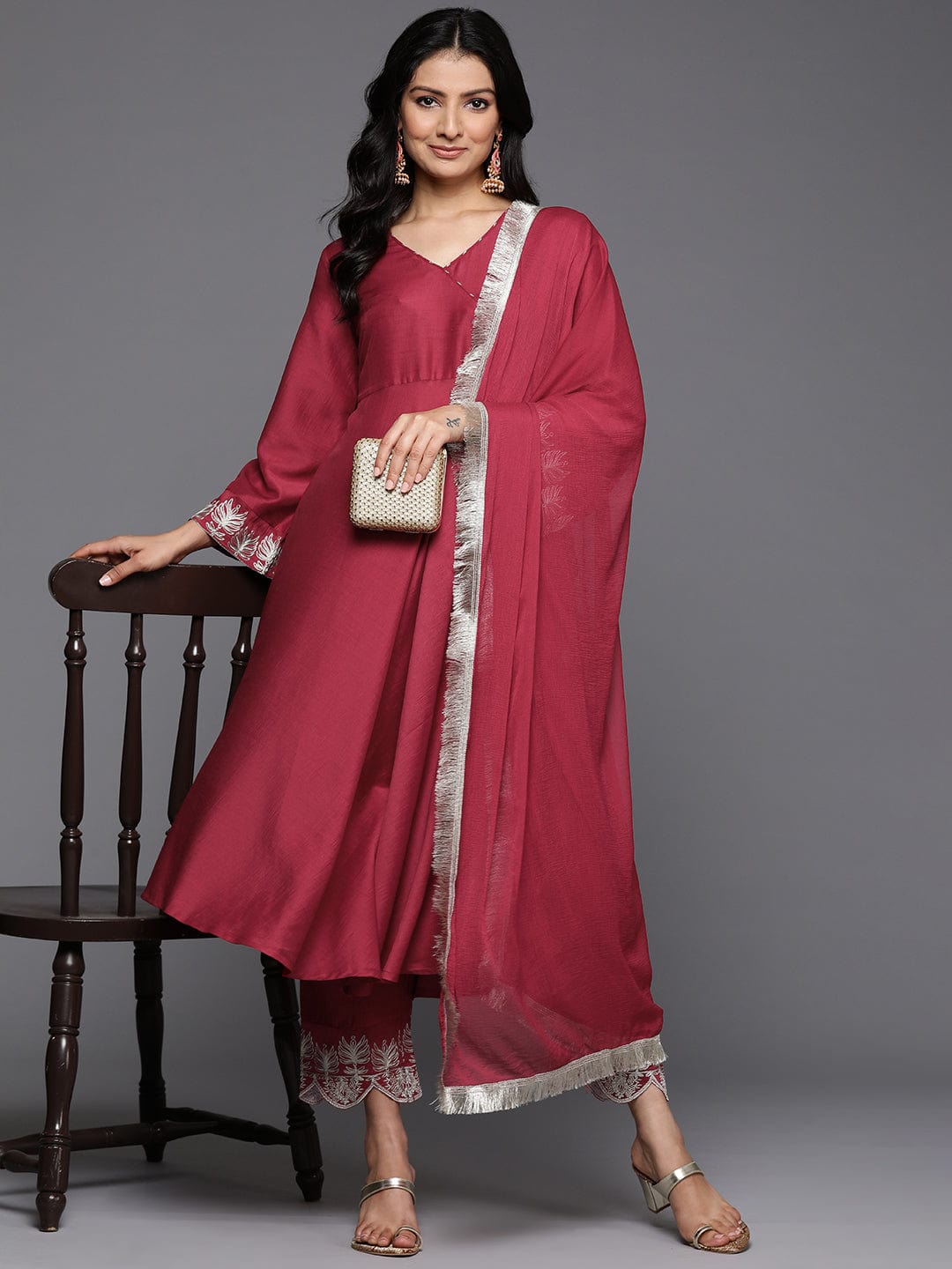 Varanga Women Maroon Angrakha Style Zari Embroidered Anarkali With Bottom & Dupatta