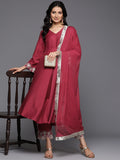 Varanga Women Maroon Angrakha Style Zari Embroidered Anarkali With Bottom & Dupatta