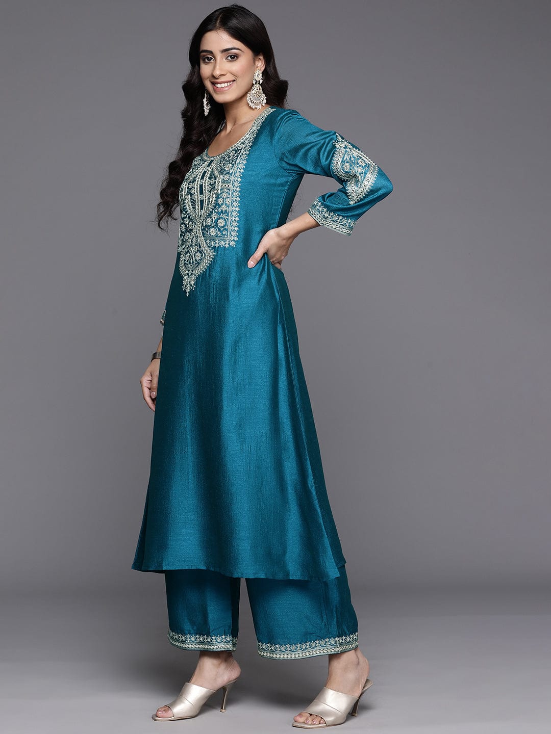 Varanga Women Turquoise Blue Heavy Zari Embroidered Kurta With Bottom And Dupatta