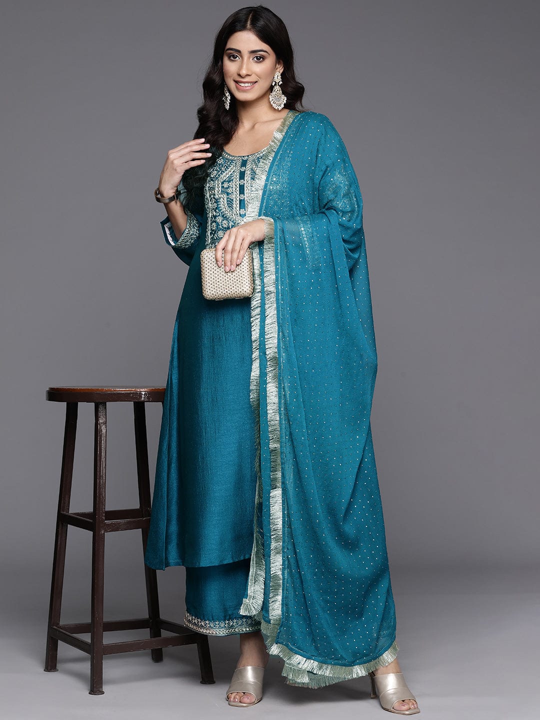 Varanga Women Turquoise Blue Heavy Zari Embroidered Kurta With Bottom And Dupatta