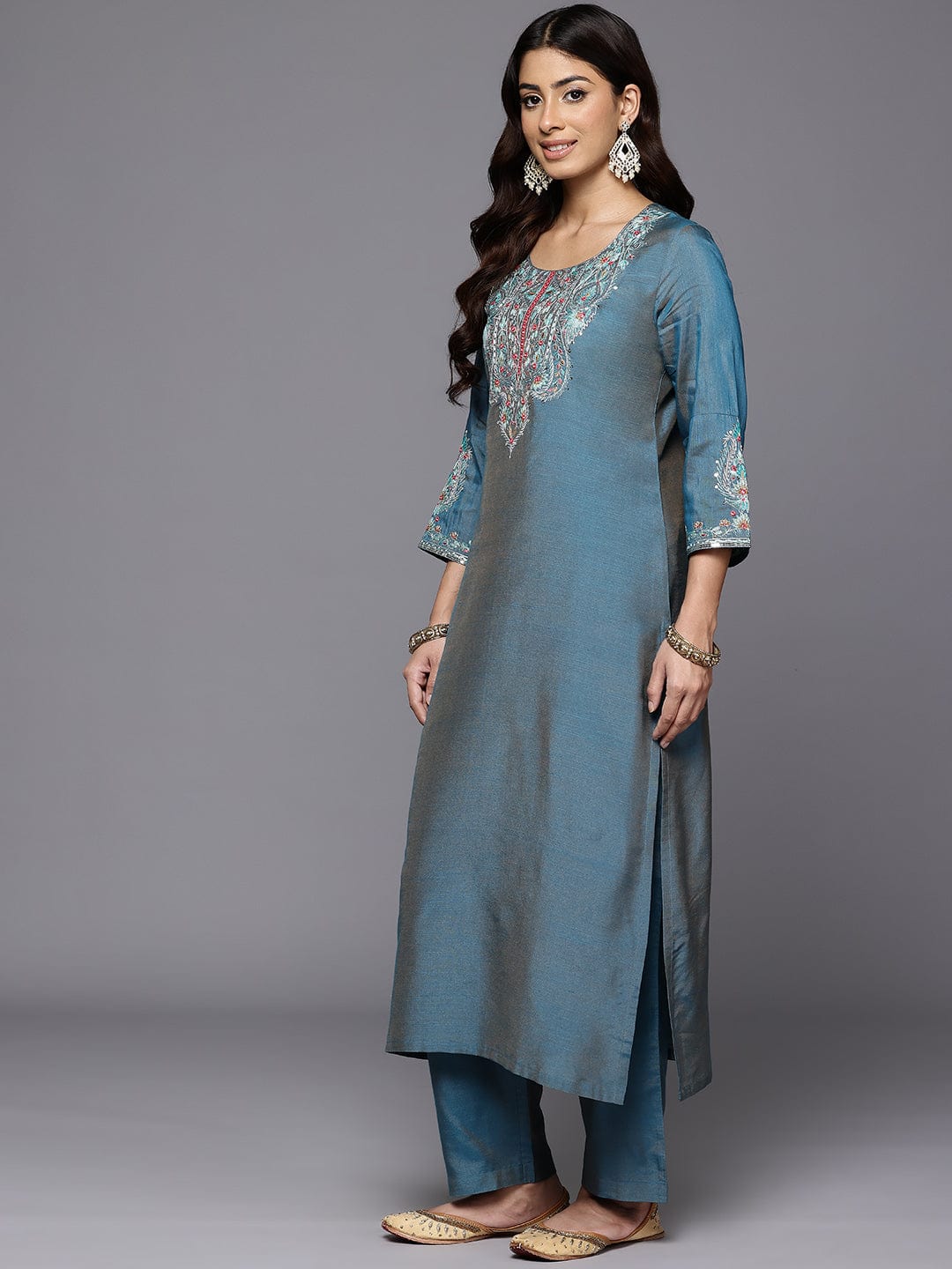 Varanga Women Blue Zari Embroidered Mirror Embellished Kurta With Bottom And Dupatta