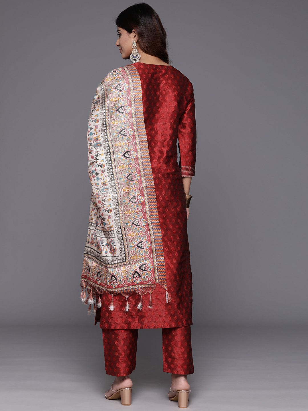 Varanga Women Maroon Woven Zari Embroidered Straight Kurta With Bottom And Dupatta