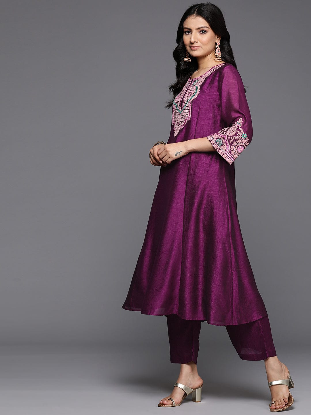 Varanga Women Purple Zari Embroidered Mirror Embellished A-Line Kurta With Bottom And Dupatta