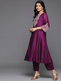 Varanga Women Purple Zari Embroidered Mirror Embellished A-Line Kurta With Bottom And Dupatta