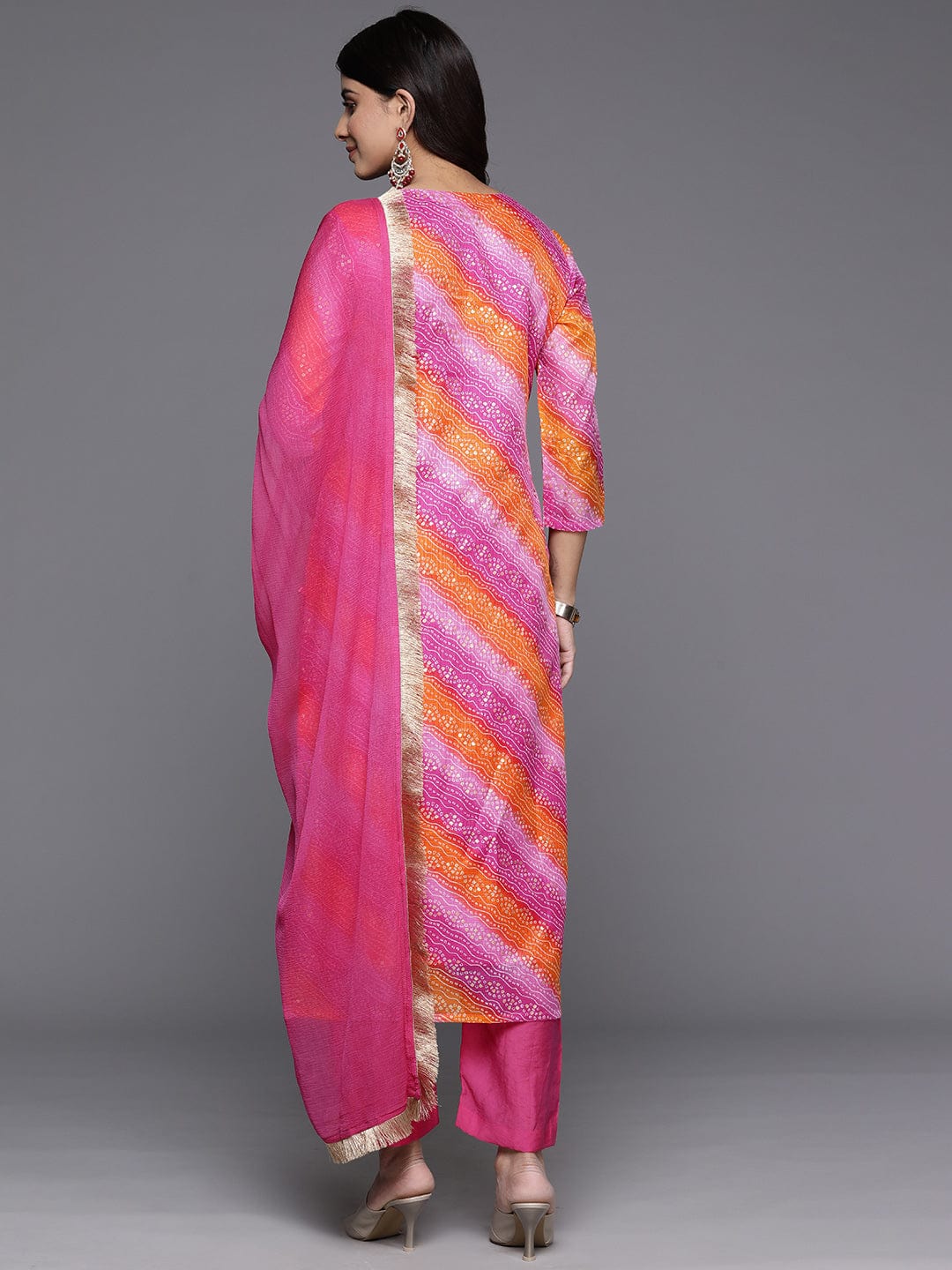 Varanga Women Pink Foil Printed Bandhani Zari Embroidered Kurta With Bottom And Dupatta