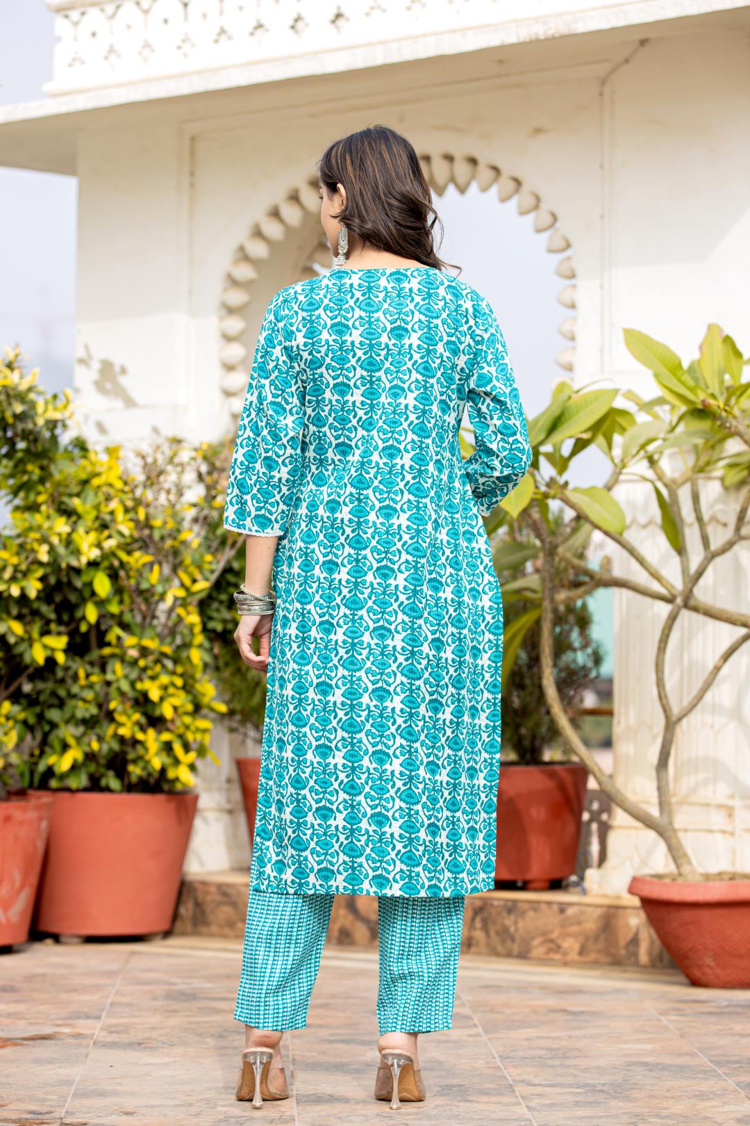 Varanga Women Blue Printed Round Neck Yoke  Embroidered Kurta Paired With Bottom And Dupatta
