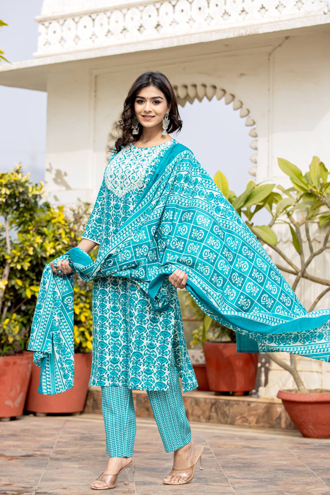 Varanga Women Blue Printed Round Neck Yoke  Embroidered Kurta Paired With Bottom And Dupatta