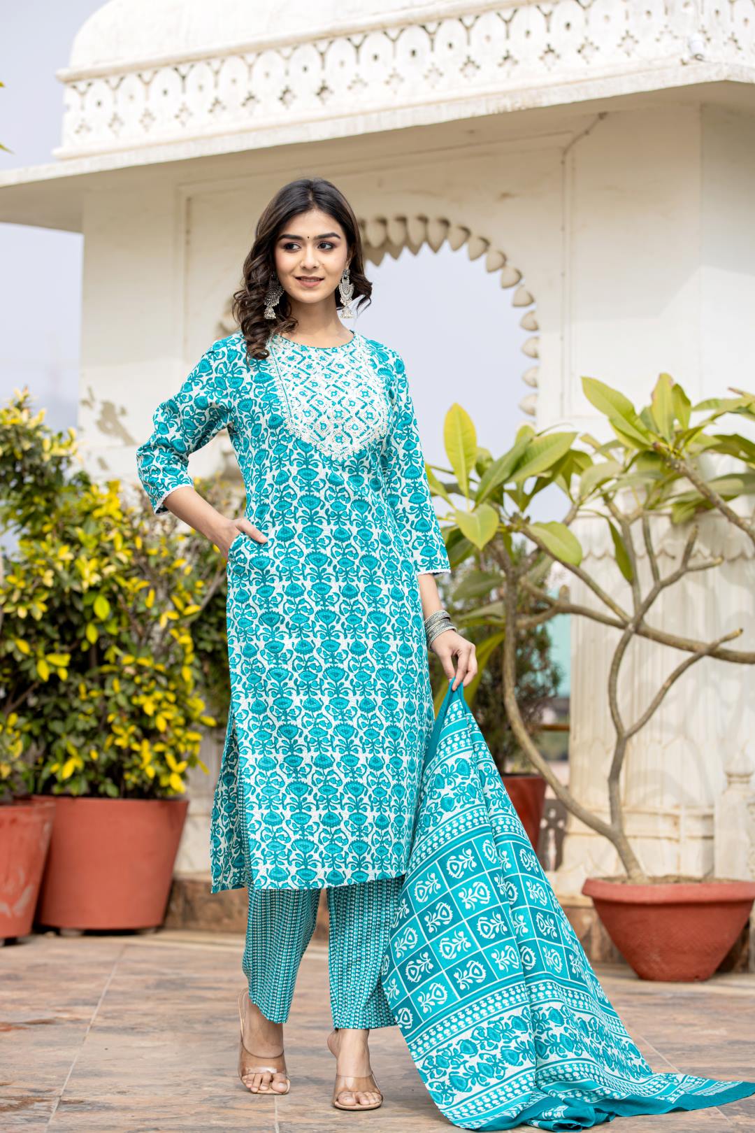 Varanga Women Blue Printed Round Neck Yoke  Embroidered Kurta Paired With Bottom And Dupatta