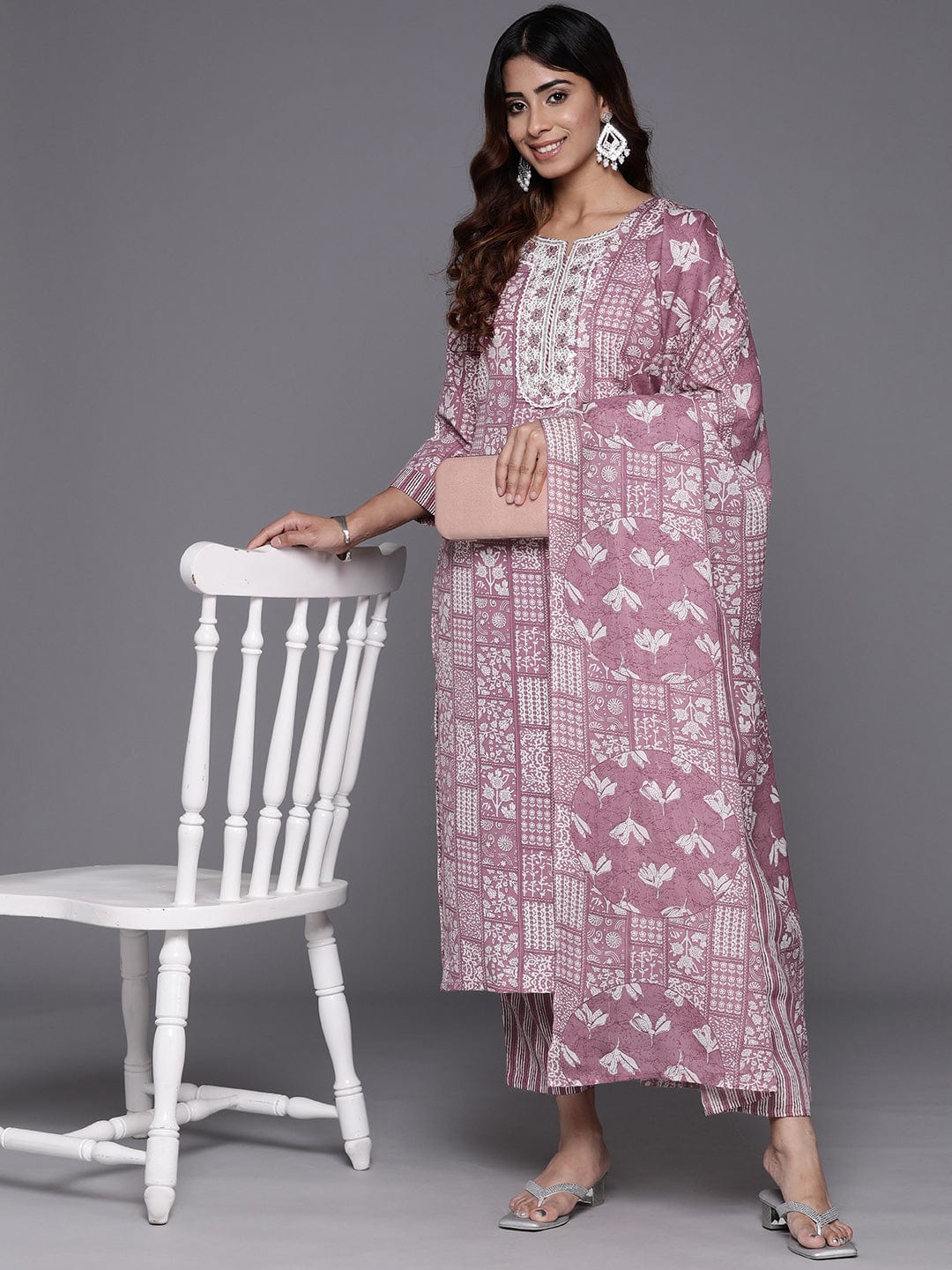 Varanga Women Magenta Printed Round Neck Embroidered Kurta Paired With Bottom And Dupatta