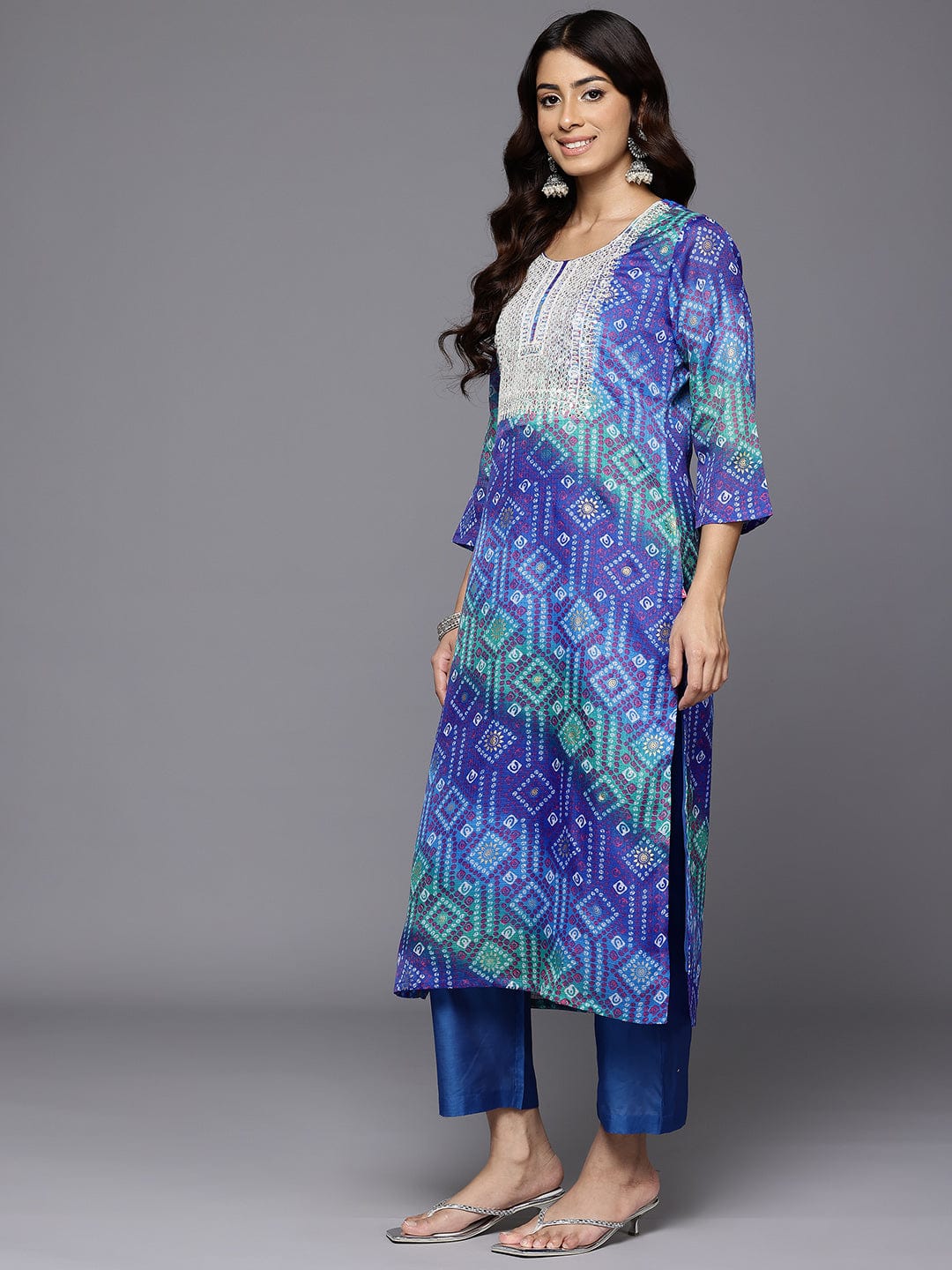 Varanga Women Blue Bandhani Printed Zari Embroidered Kurta With Bottom And Dupatta