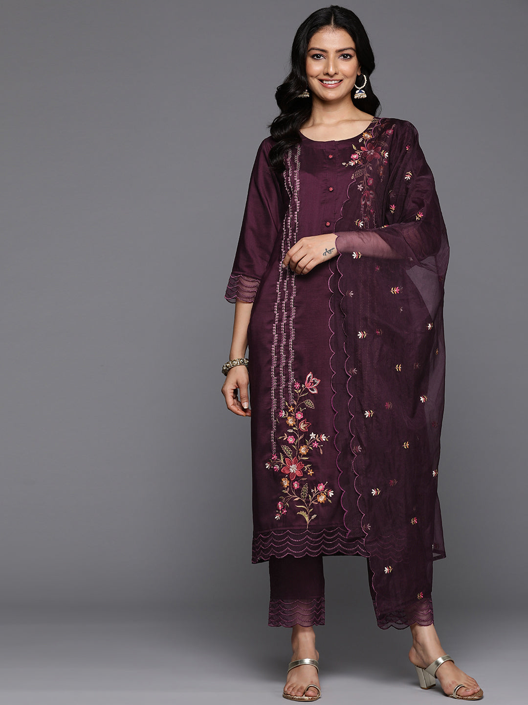 Varanga Women Purple Thread Embroidered Kurta With Organza Hem Paired Bottom And Dupatta