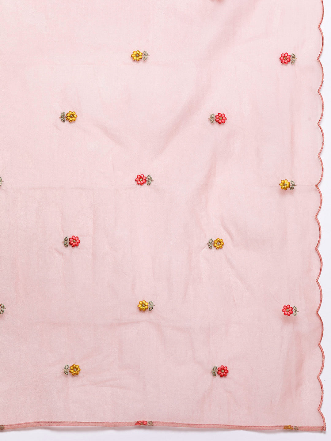 Varanga Women Peach Thread Embroidered Kurta With Organza Hem Paired Bottom And Dupatta