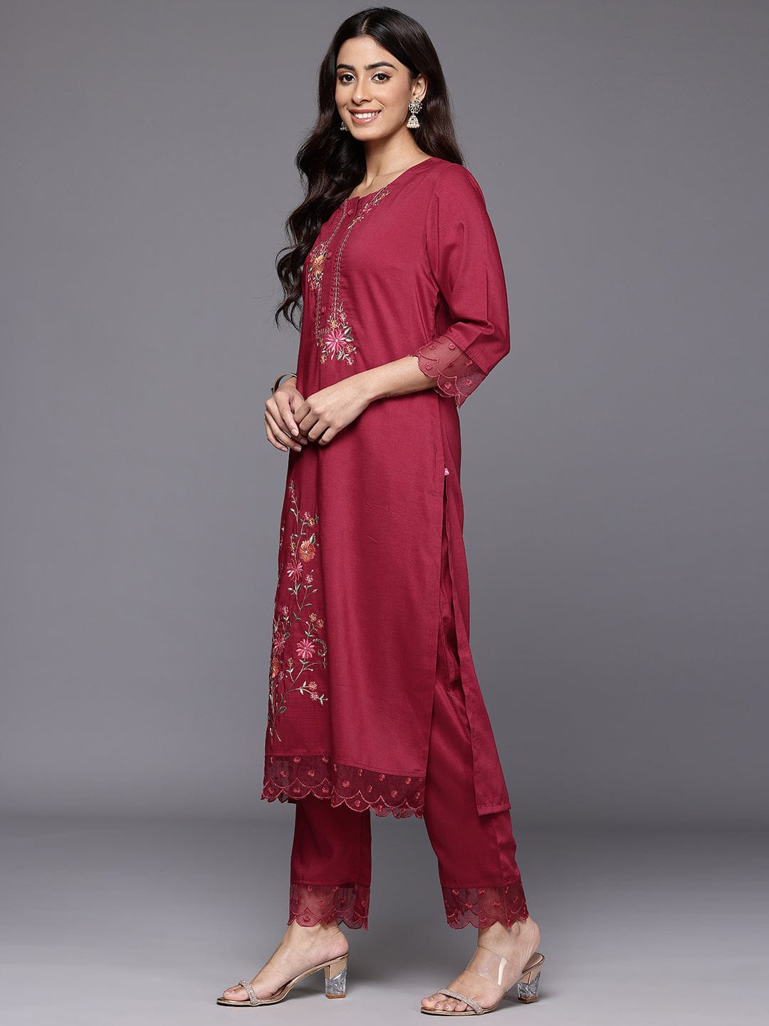 Varanga Women Red Thread Embroidered Kurta With Organza Hem Paired  Bottom And Dupatta