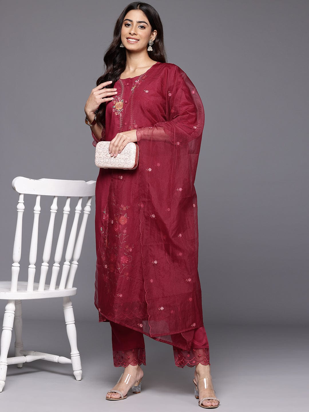 Varanga Women Red Thread Embroidered Kurta With Organza Hem Paired  Bottom And Dupatta