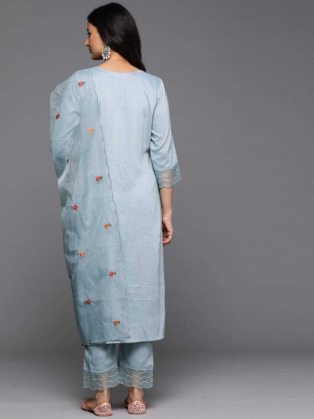 Varanga Women Blue Thread Embroidered Kurta With Organza Hem Paired Bottom And Dupatta