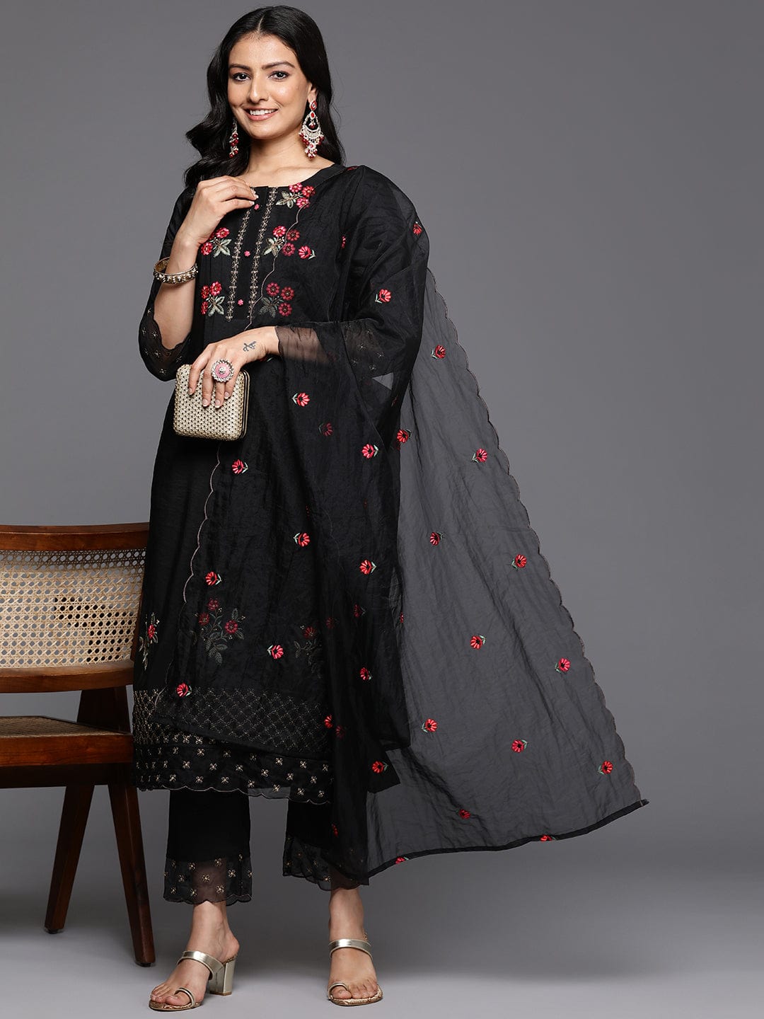 Varanga Women Black Thread Embroidered Kurta With Organza Hem Paired Bottom And Dupatta