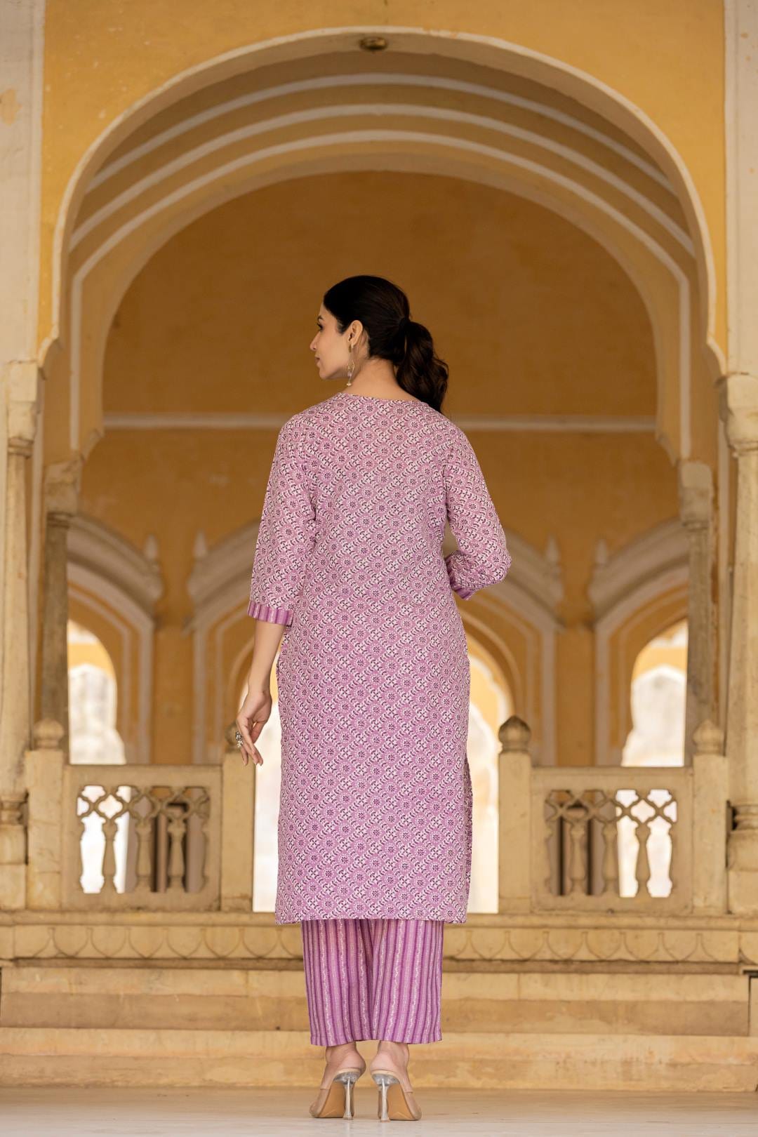Varanga Women Lavender V Neck Thread Embroidered Kurta Paired With Printed Bottom And Dupatta