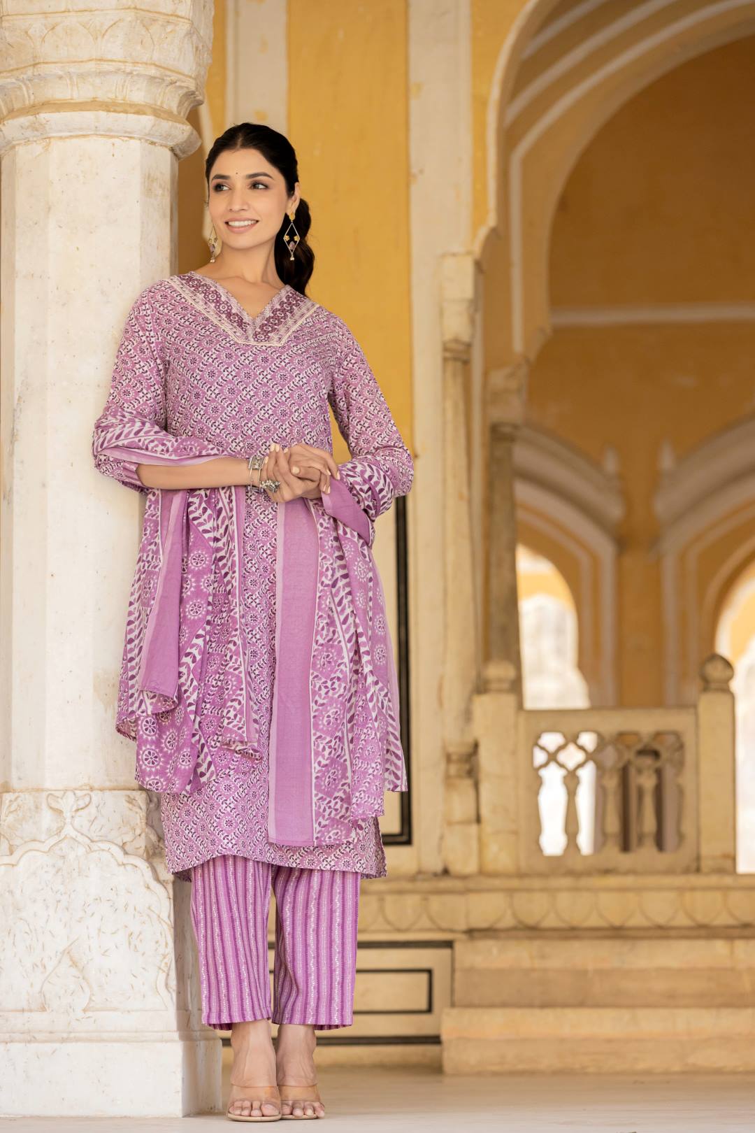 Varanga Women Lavender V Neck Thread Embroidered Kurta Paired With Printed Bottom And Dupatta
