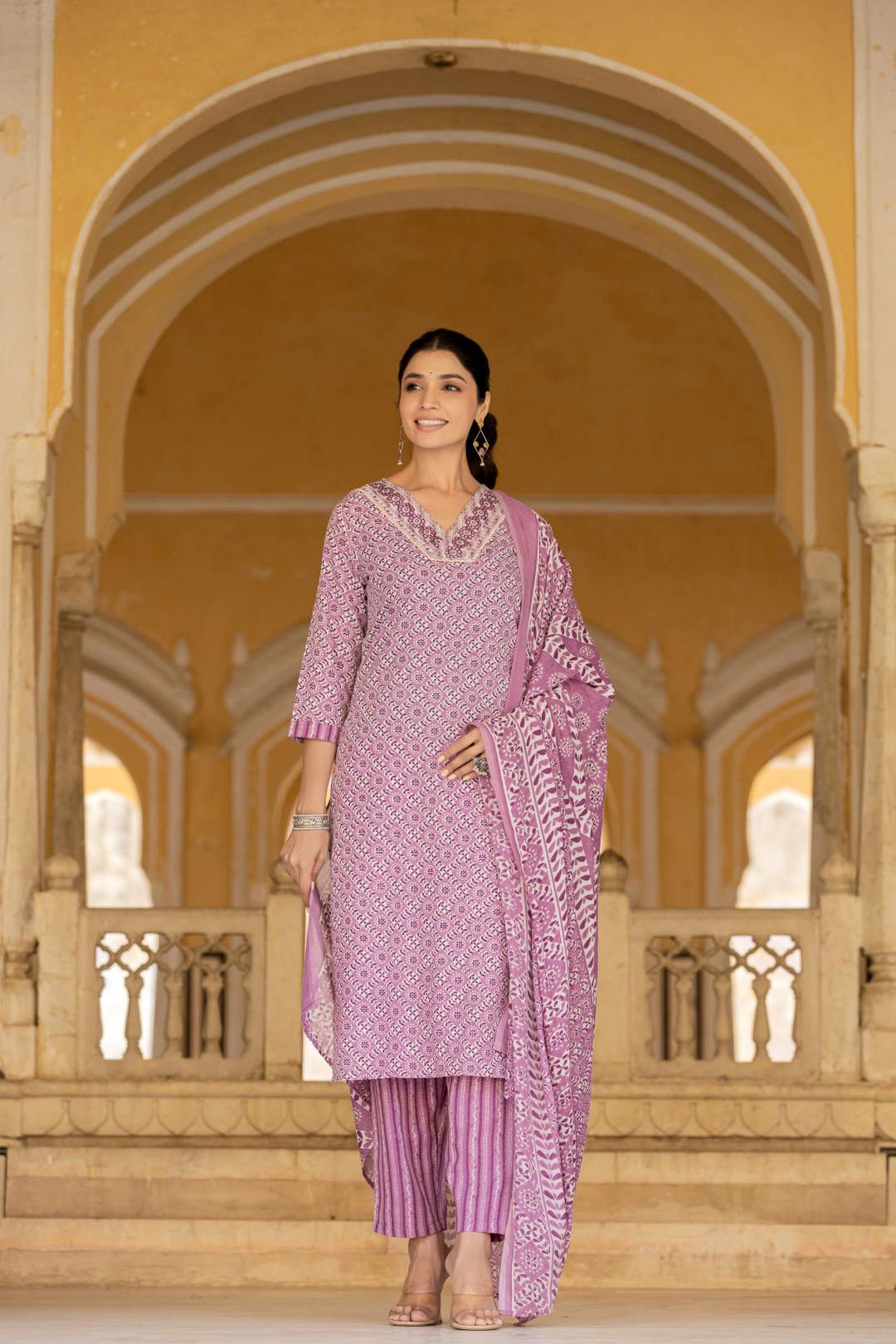 Varanga Women Lavender V Neck Thread Embroidered Kurta Paired With Printed Bottom And Dupatta