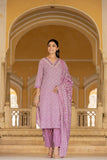 Varanga Women Lavender V Neck Thread Embroidered Kurta Paired With Printed Bottom And Dupatta