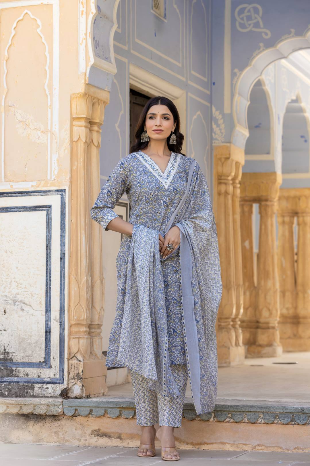 Varanga Women Grey Embroidered V Neck Kurta With Printed Bottom And Dupatta