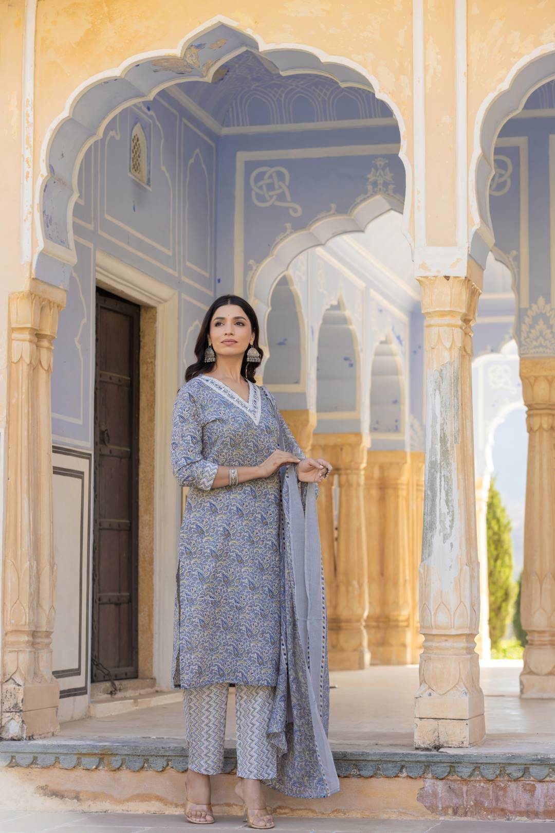 Varanga Women Grey Embroidered V Neck Kurta With Printed Bottom And Dupatta