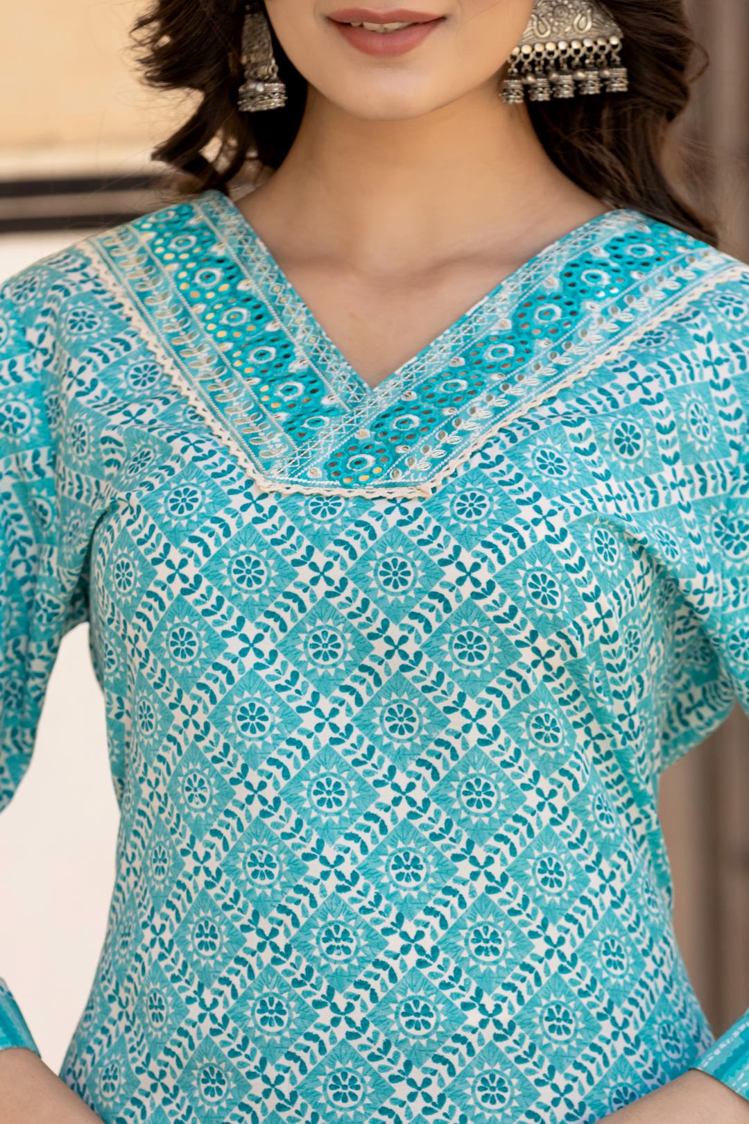 Varanga Women Blue V Neck Thread Embroidered Kurta Paired With Printed Bottom And Dupatta