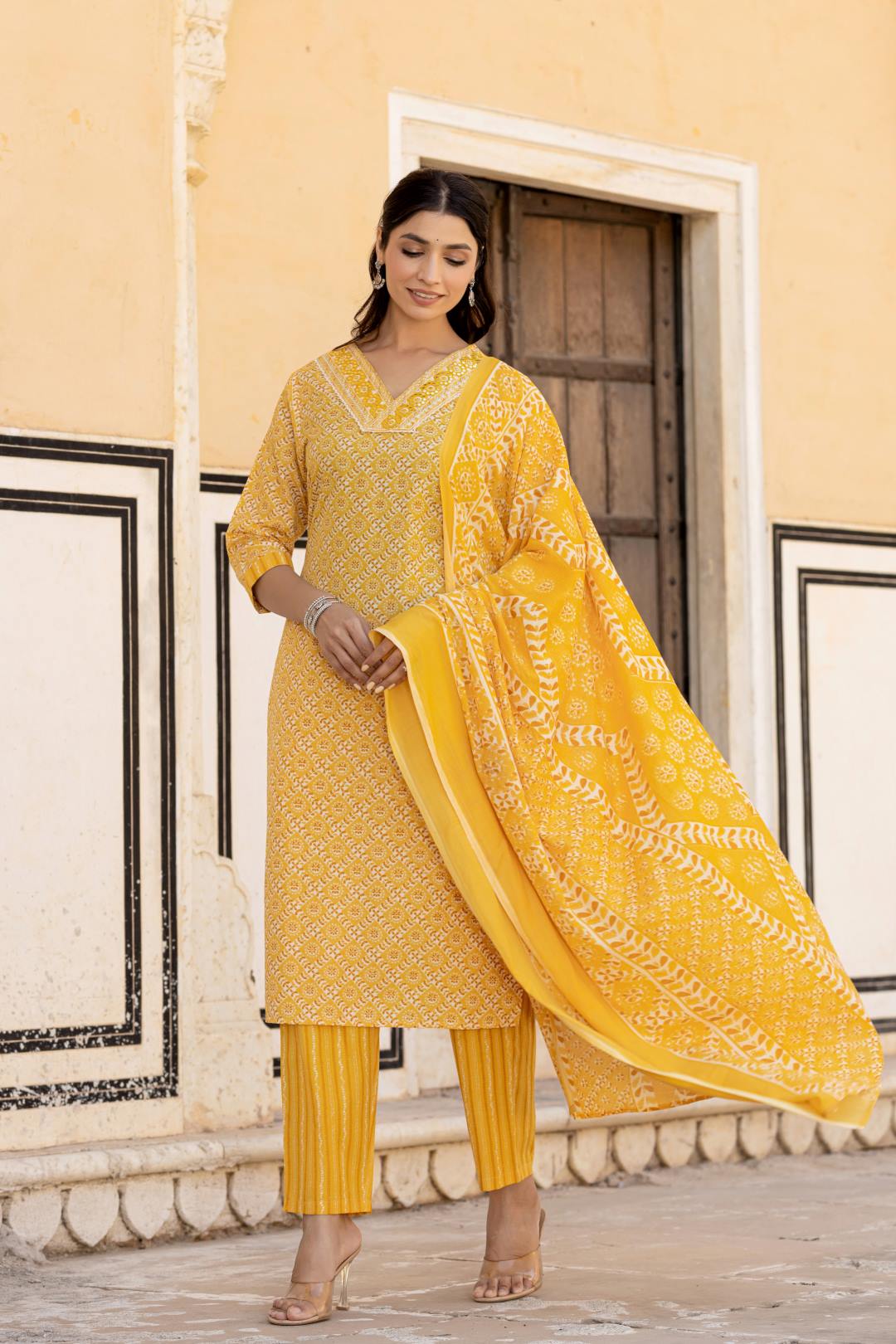 Varanga Women Yellow V Neck Thread Embroidered Kurta Paired With Printed Bottom And Dupatta