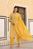 Varanga Women Yellow V Neck Thread Embroidered Kurta Paired With Printed Bottom And Dupatta